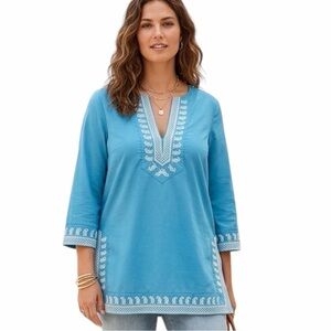 MICHAEL Michael Kors Boho Blue Tunic Top with White Embroidery Size Medium